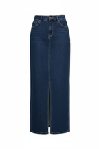 Dark wash denim maxi skirt ghost mannequin front view