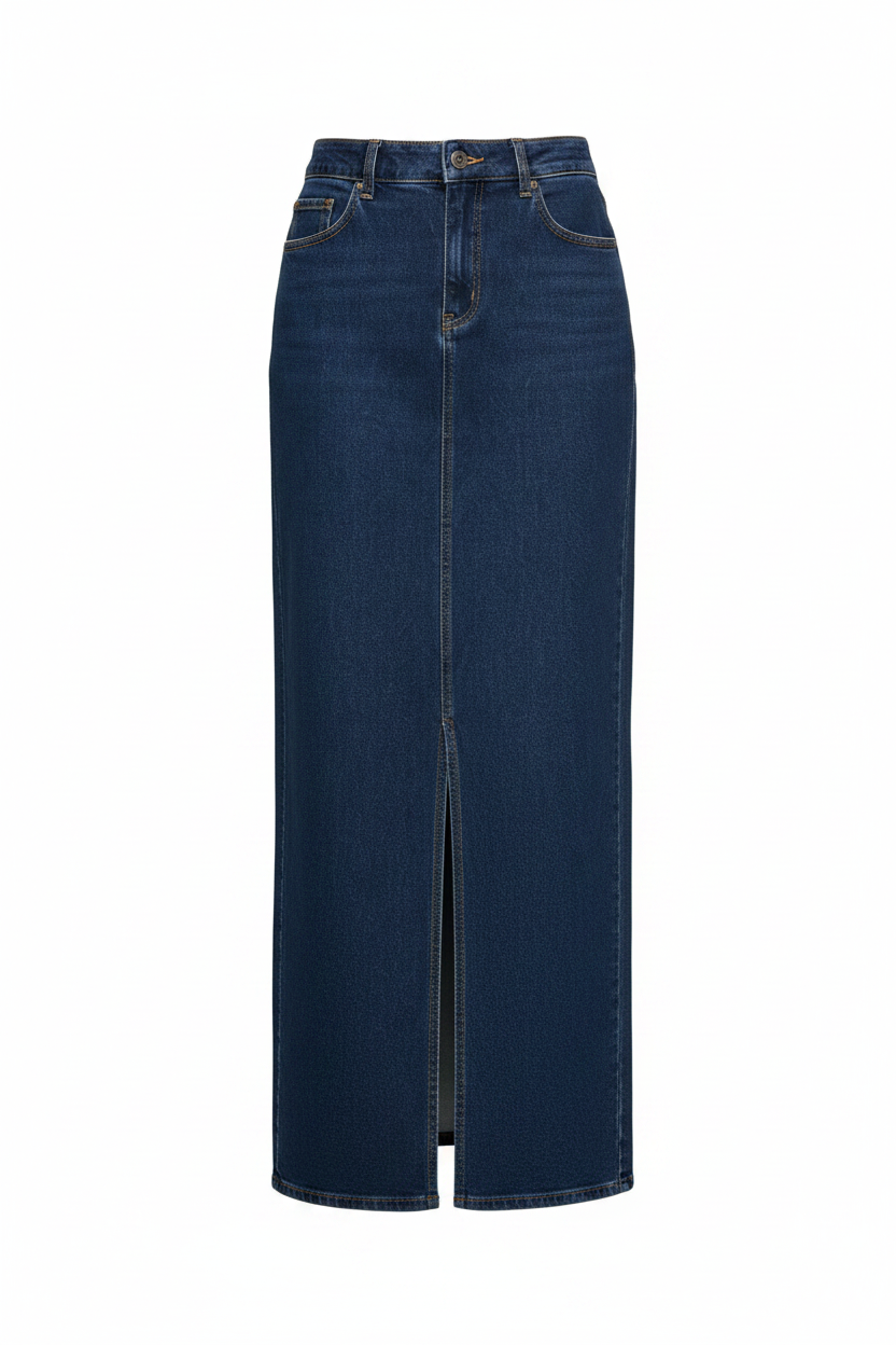 Dark wash denim maxi skirt ghost mannequin front view