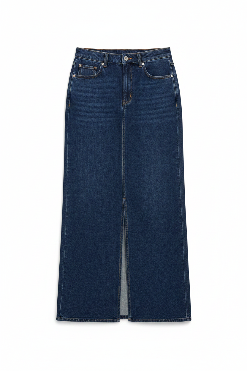 Dark wash denim maxi skirt flat lay on white background