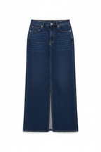 Dark wash denim maxi skirt flat lay on white background