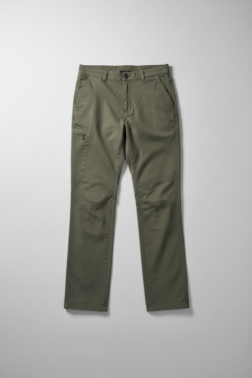 Olive green utility trousers flat lay on light grey surface, no model