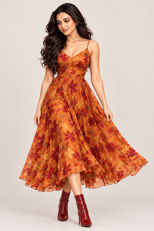 Front view of orange leaf-print frock