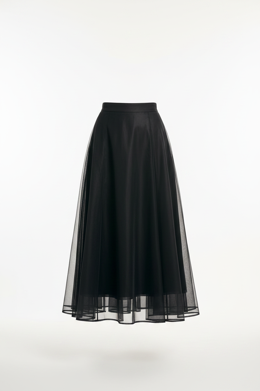 Black organza full midi skirt ghost mannequin front view