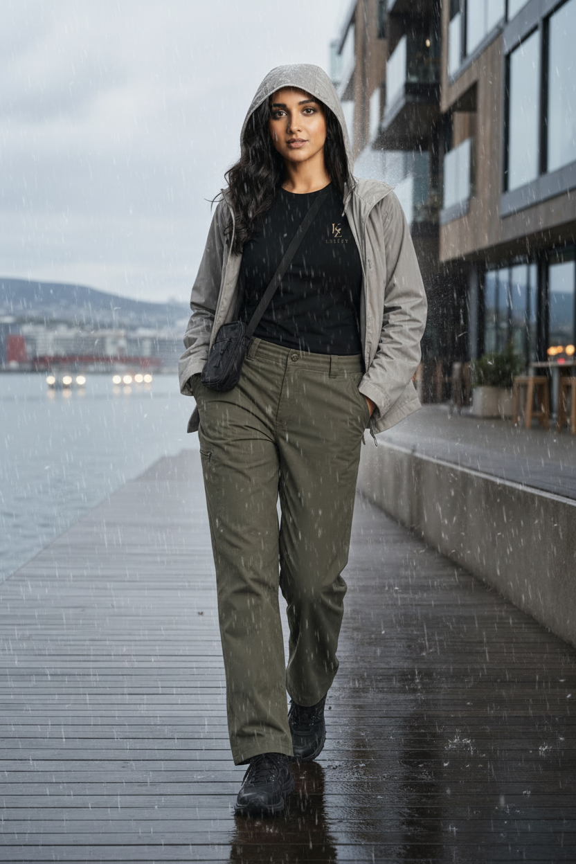 Light grey windbreaker jacket on model walking along rainy city waterfront