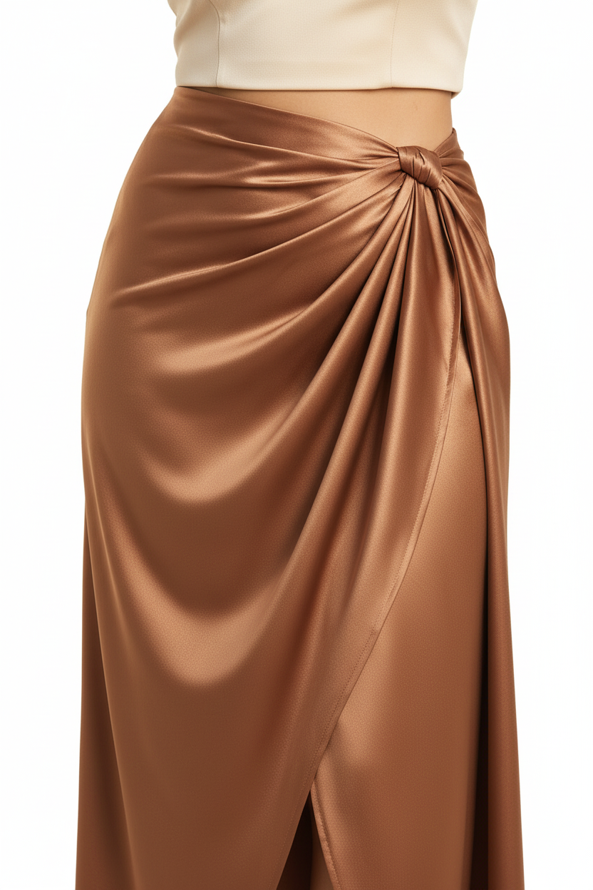 Close-up of bronze satin wrap skirt knot detail and fabric drape
