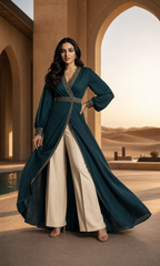 Model wearing deep teal wrap anarkali with gold embroidery and cream wide-leg palazzo pants — full body front view, desert backdrop