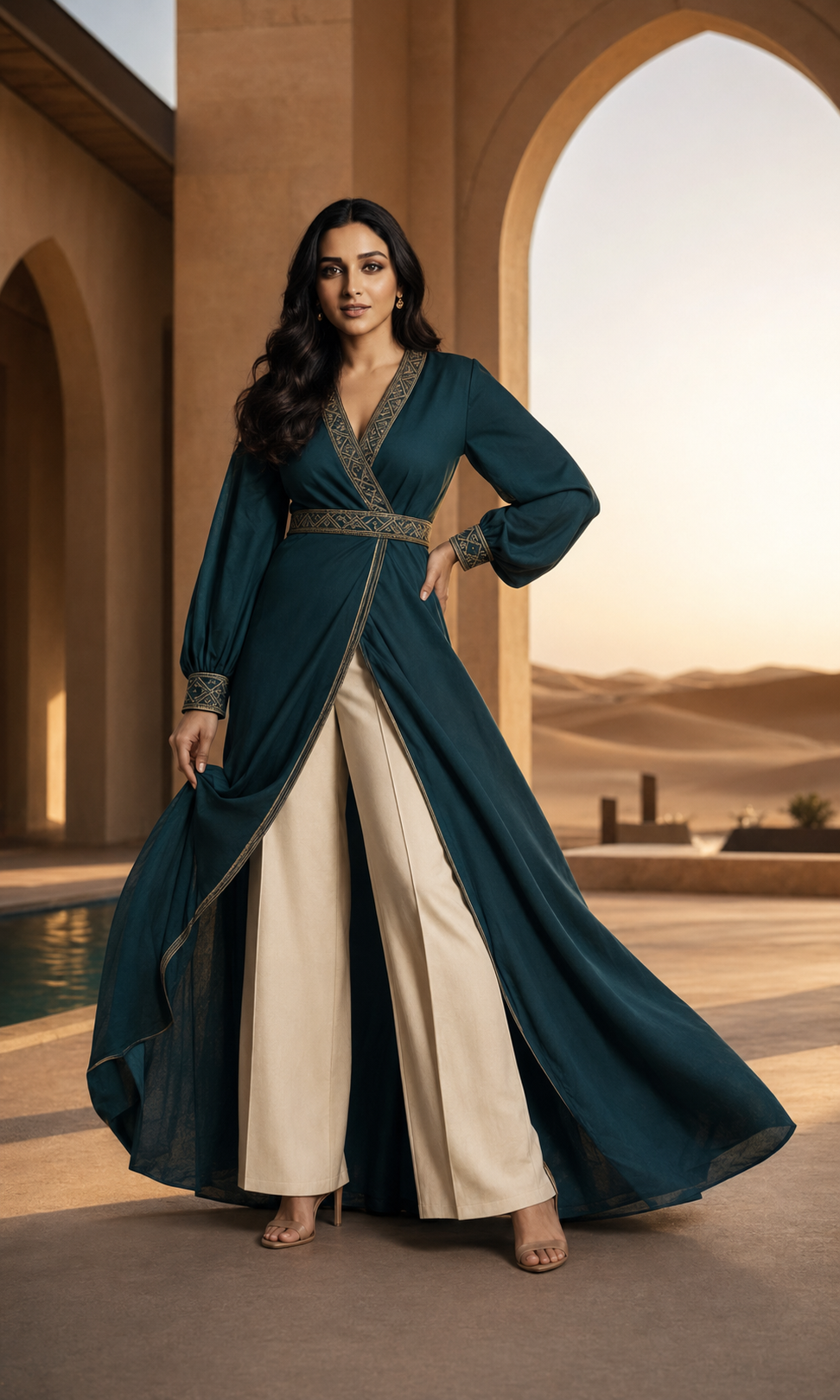 Model wearing deep teal wrap anarkali with gold embroidery and cream wide-leg palazzo pants — full body front view, desert backdrop