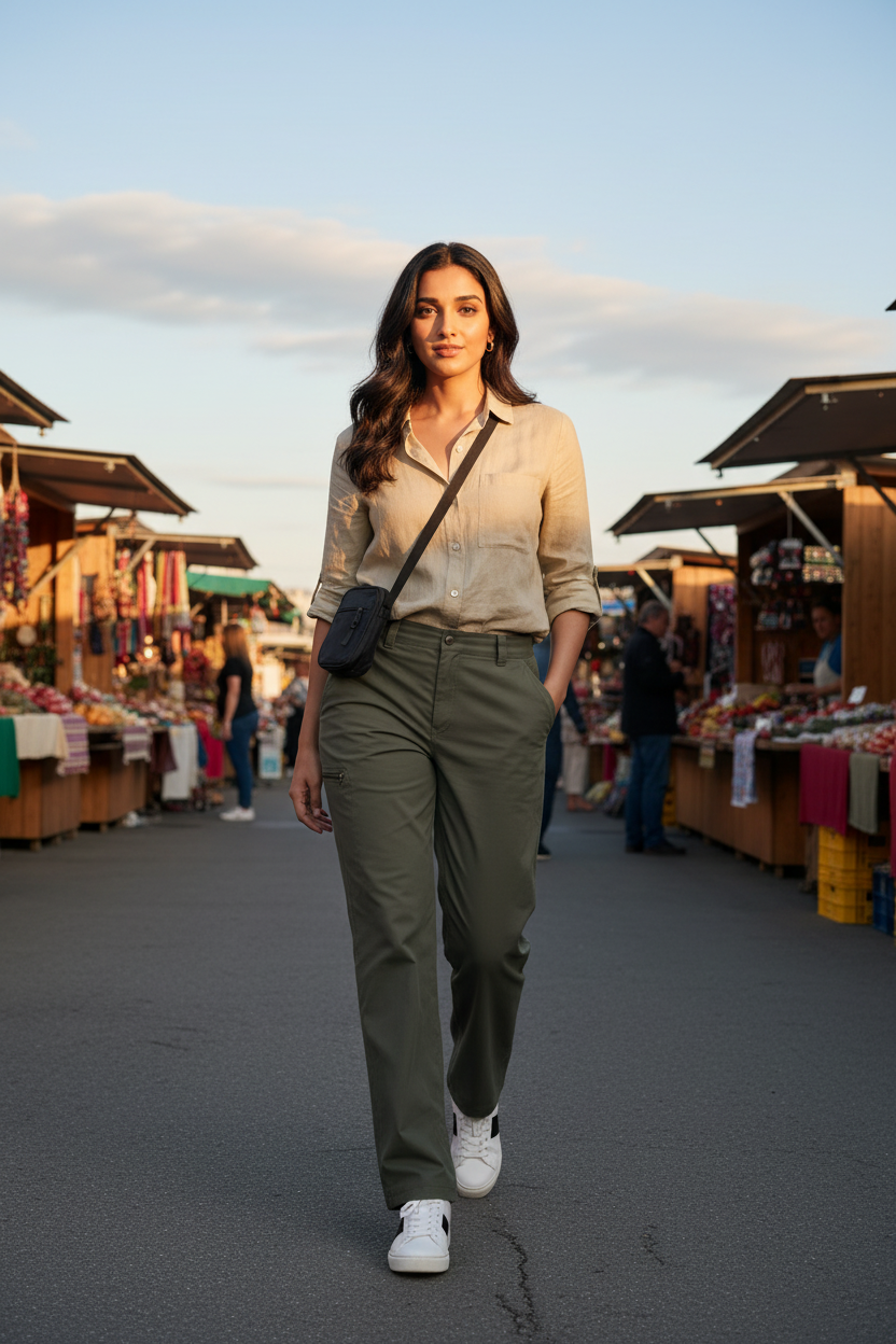 Olive green utility trousers on model at outdoor market