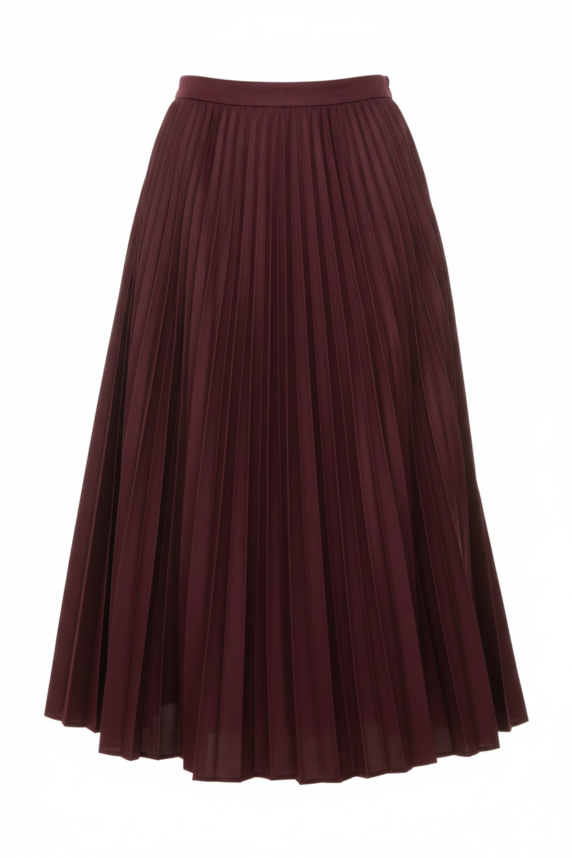 Burgundy pleated full midi skirt ghost mannequin front view