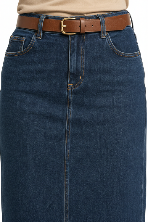 Close-up detail of dark wash denim maxi skirt waistband and texture