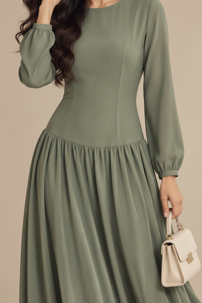 Close-up of the neckline, bodice seams and drop-waist gathering on the sage maxi dress