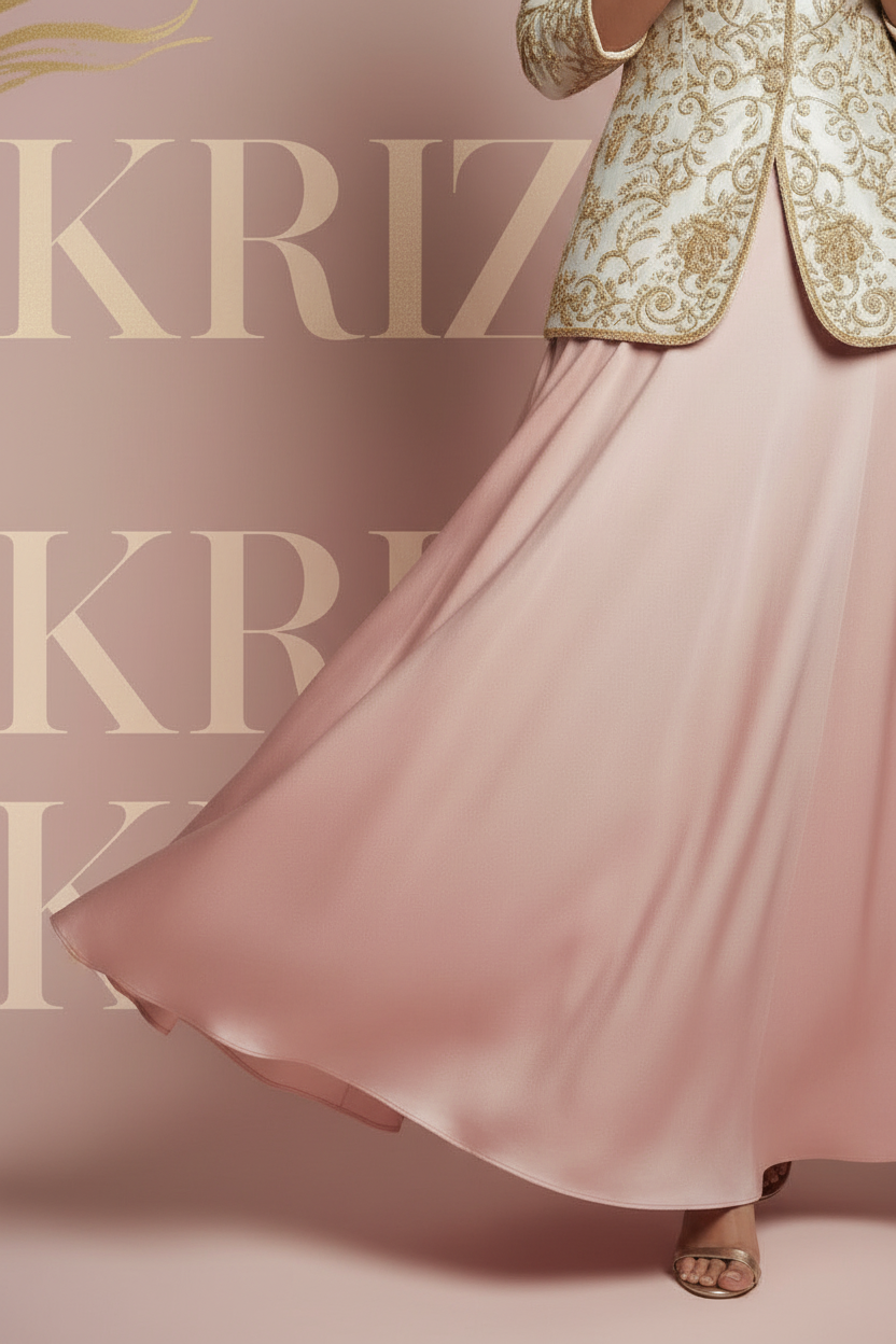 Closeup of blush pink satin flared skirt hem