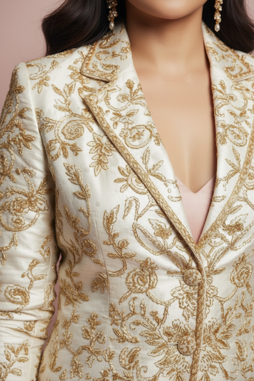 Closeup of ivory gold embroidered blazer detail