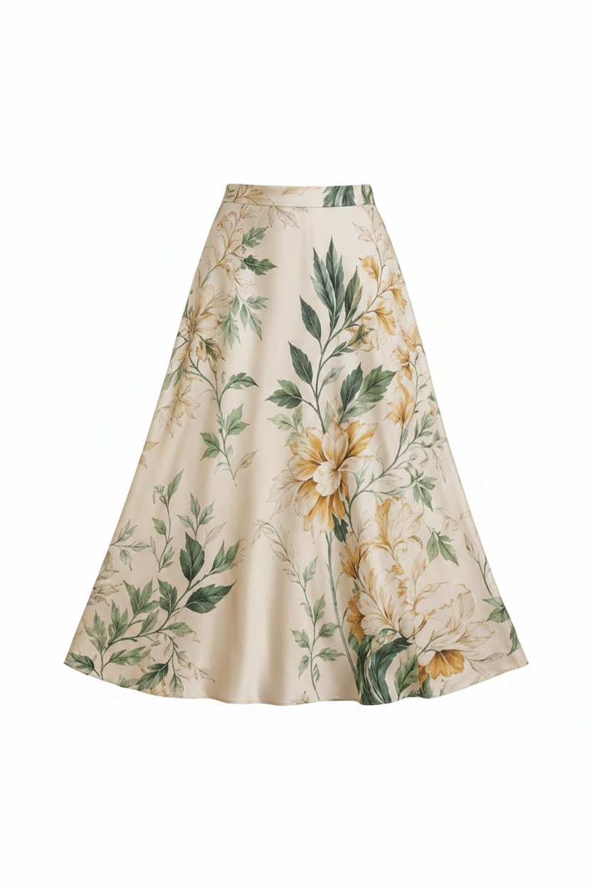 Cream botanical floral print midi skirt flat lay on white background