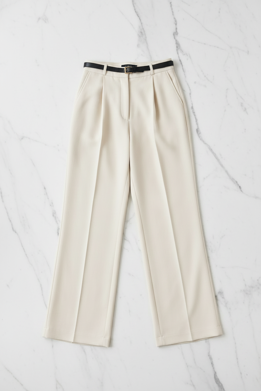Cream wide-leg trousers flat lay on white marble, no model
