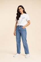 Muze wearing Kritzy Blue Heart Pulse white embroidered T-shirt