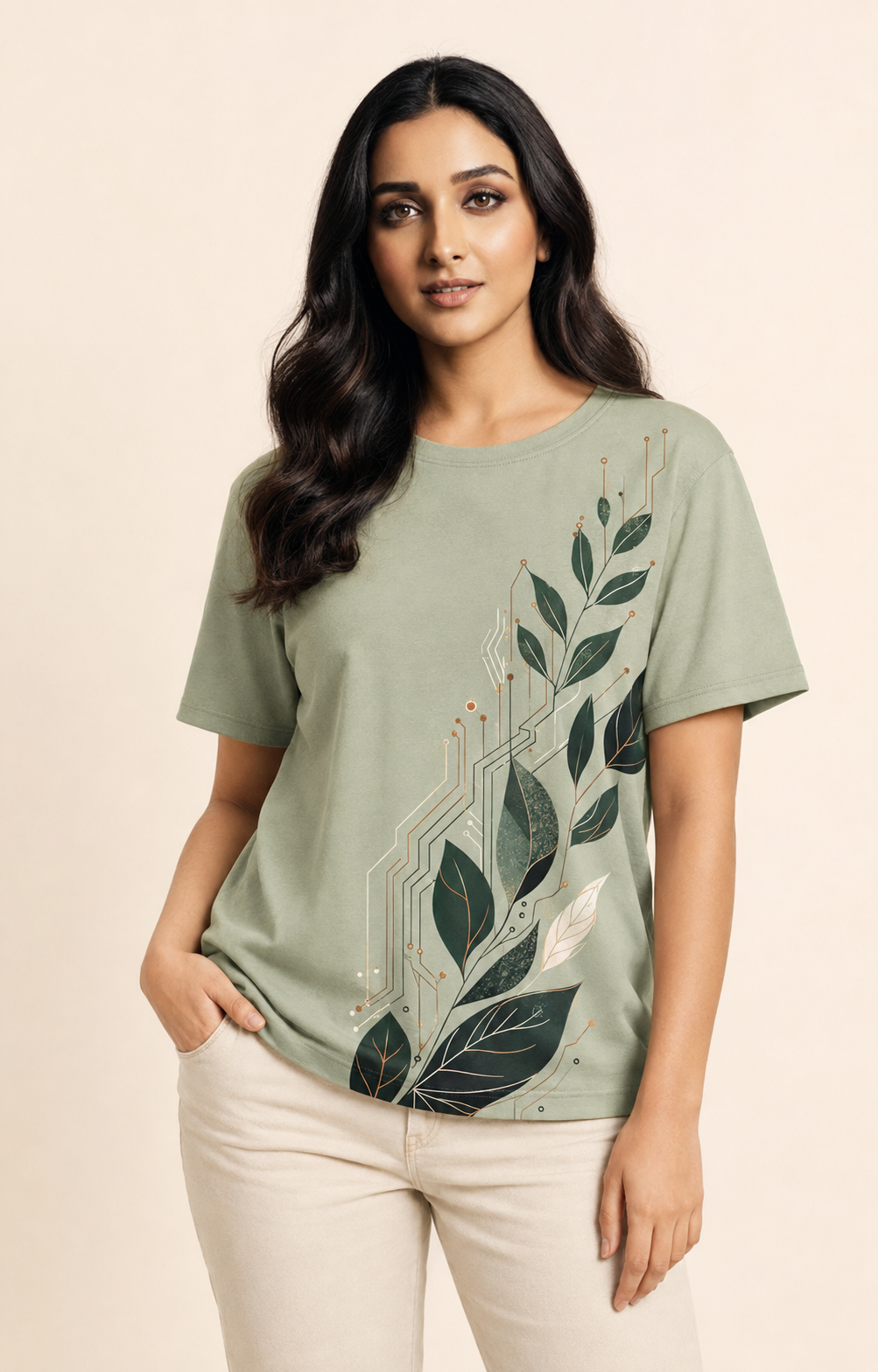 Muze wearing the Kritzy Botanical Circuit sage T-shirt