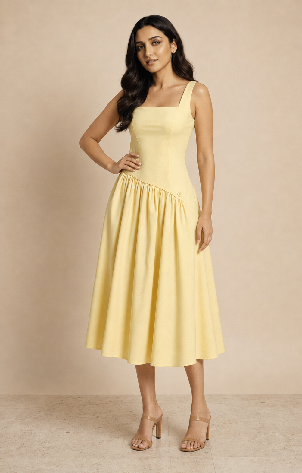 Muze wearing the Kritzy Butter Sculpt drop-waist frock in a bold, confident pose