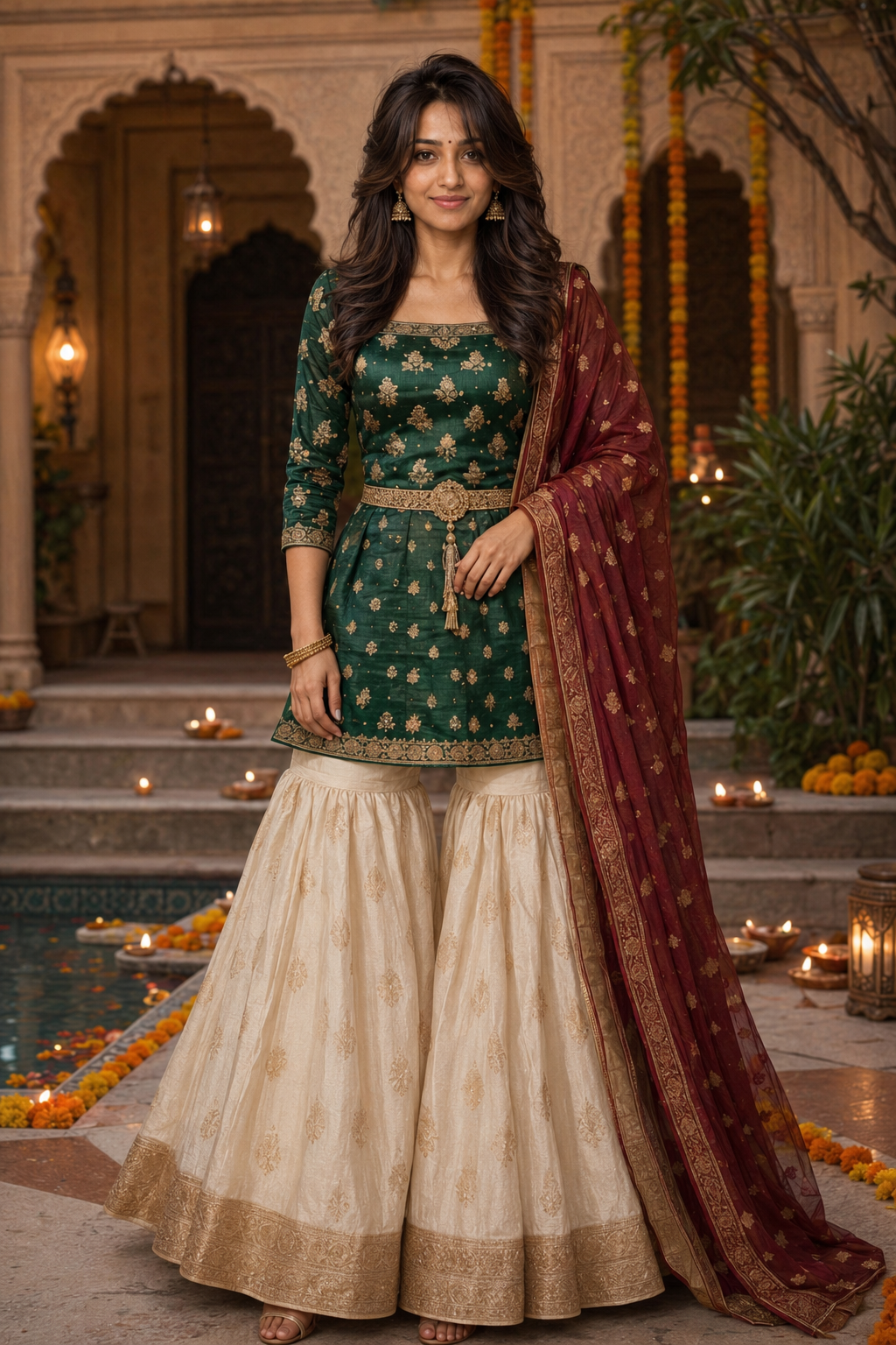 Kritzy Celebration emerald Banarasi kurti and ivory sharara concept