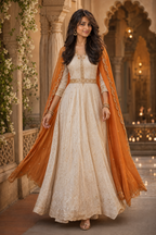 Kritzy Celebration ivory Chikankari anarkali with saffron cape concept