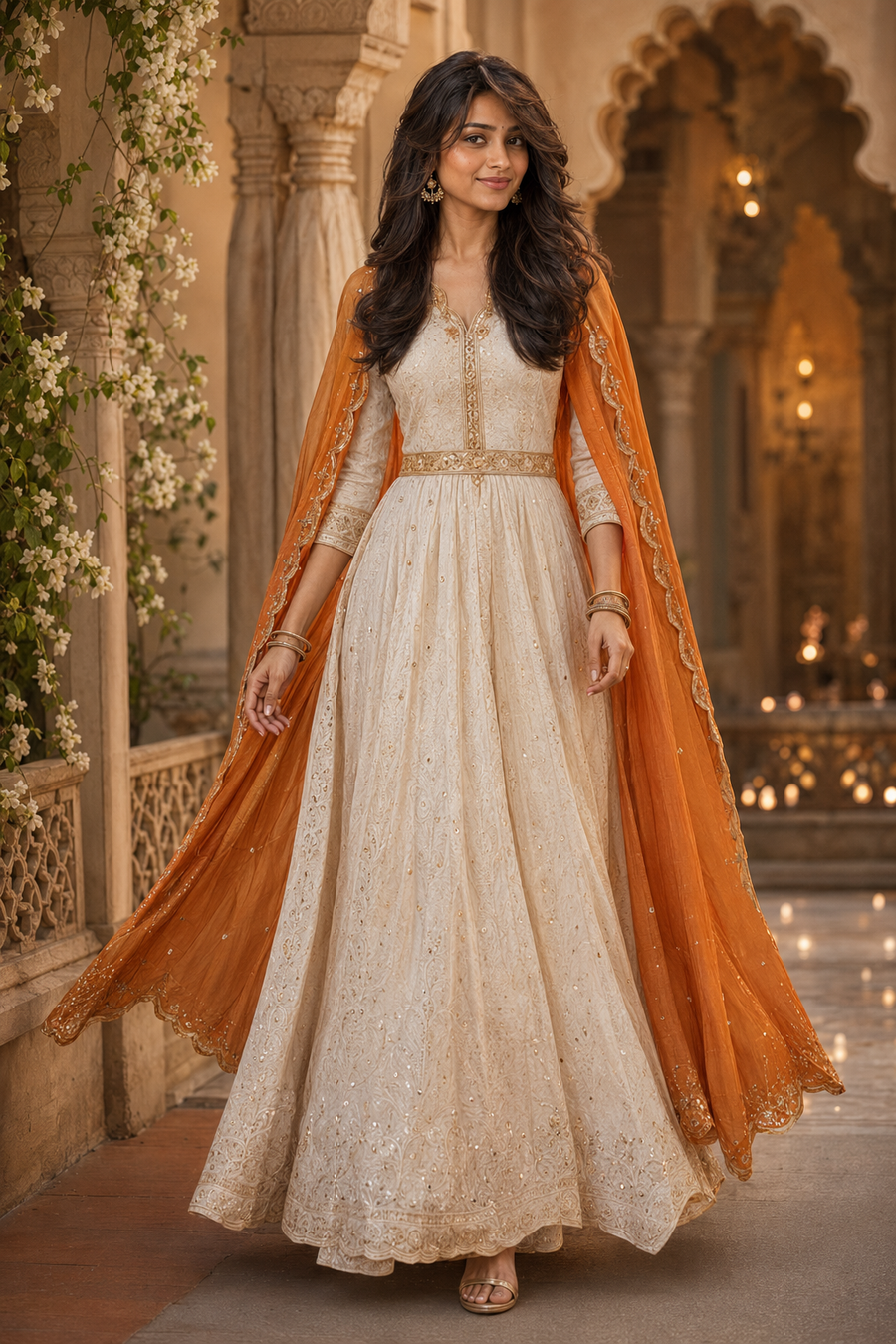 Ivory Chikankari Anarkali with Saffron Cape