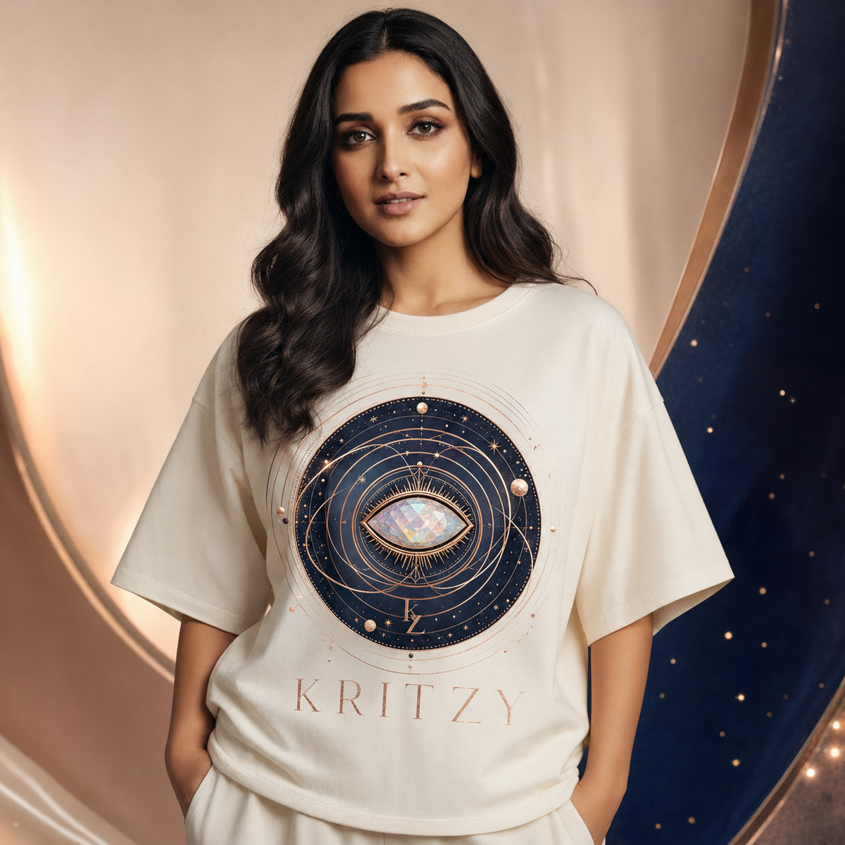 Muze wearing the Kritzy Cosmic Oracle ivory graphic T-shirt