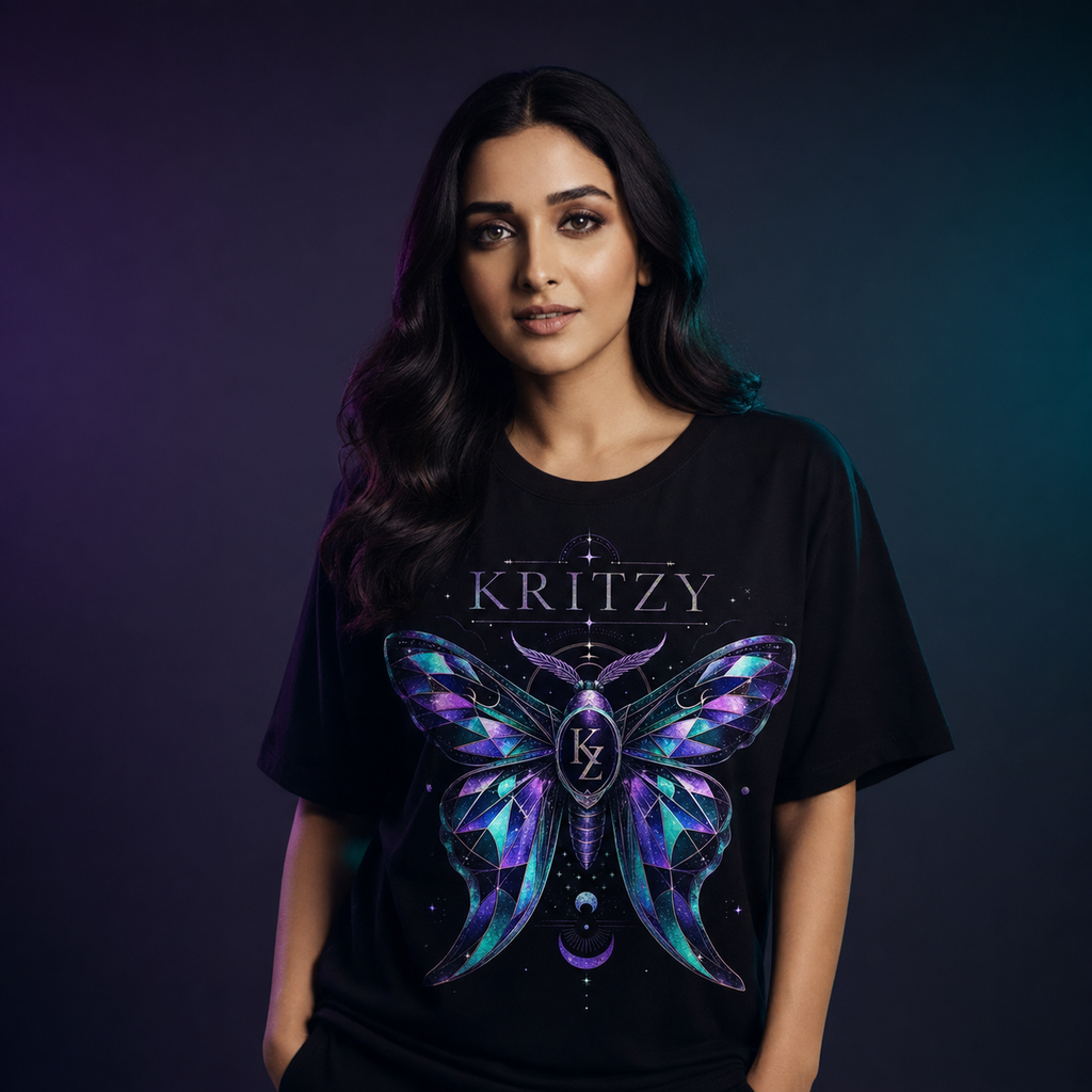 Muze wearing the Kritzy Midnight Moth black graphic T-shirt