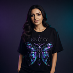 Muze wearing the Kritzy Midnight Moth black graphic T-shirt
