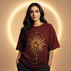 Muze wearing the Kritzy Solar Sovereign crimson graphic T-shirt