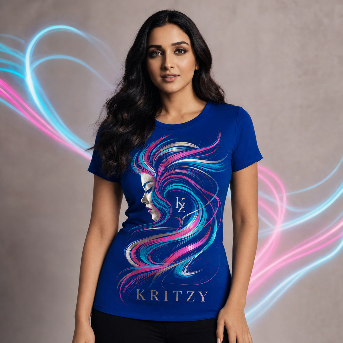 Muze wearing the Kritzy Voltage Muse cobalt graphic T-shirt