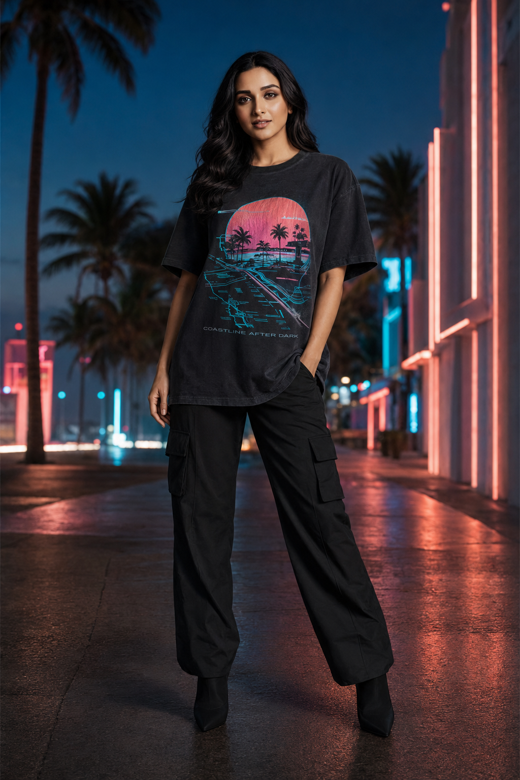 Muze wearing the Kritzy Neon Coast oversized graphic T-shirt