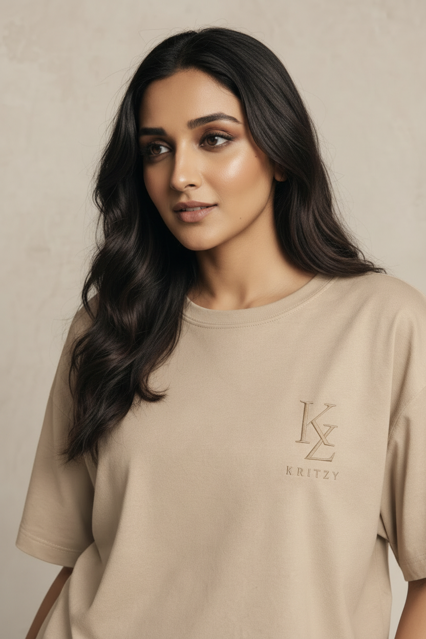 Kritzy Sand Tonal Boxy Tee - Monogram Detail