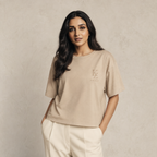 Muze wearing the Kritzy Sand tonal boxy T-shirt