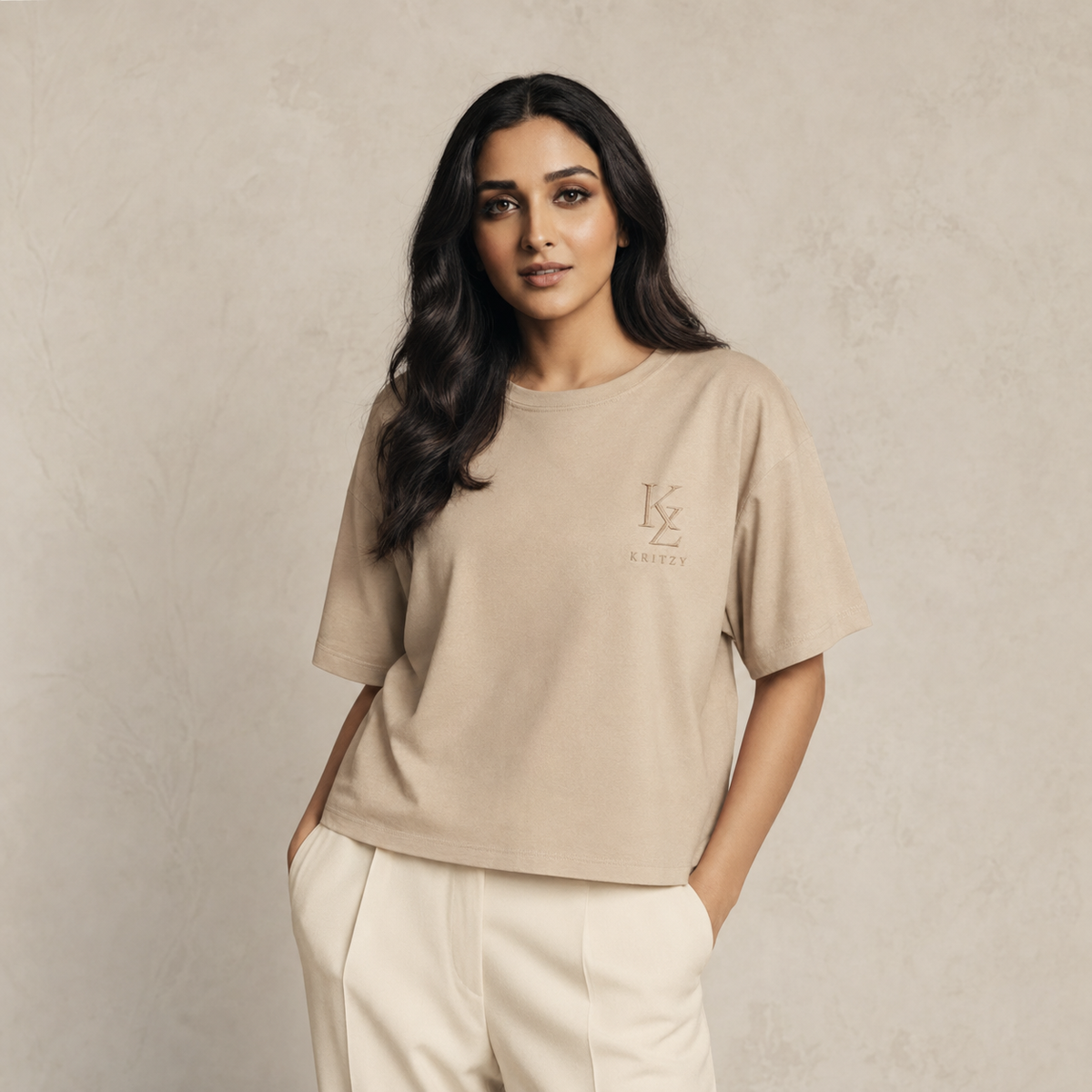 Muze wearing the Kritzy Sand tonal boxy T-shirt