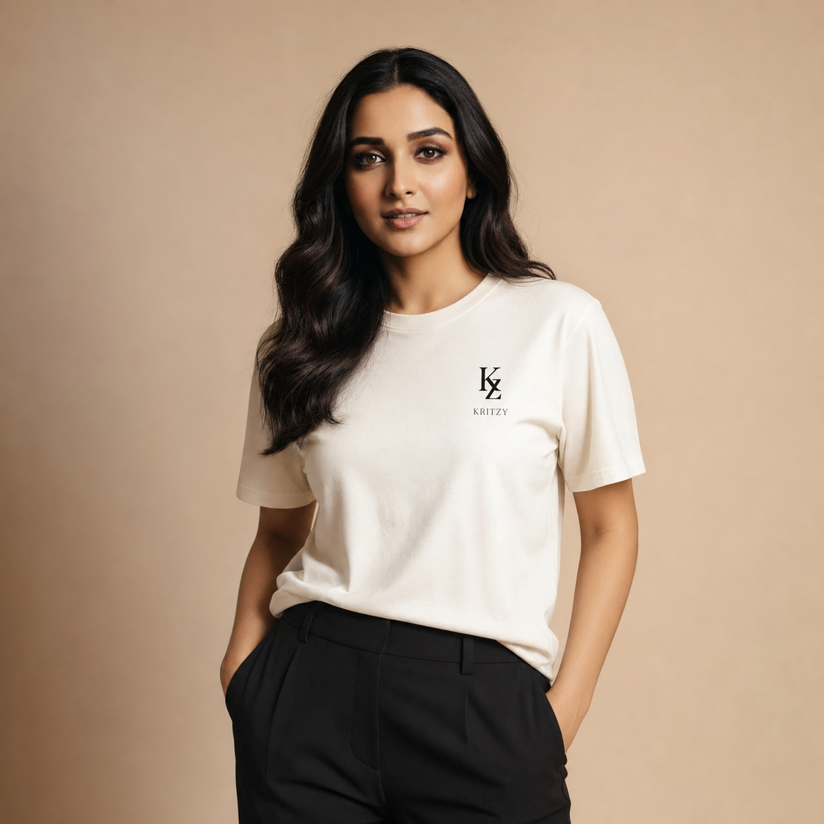 Muze wearing the Kritzy Signature ivory relaxed-fit T-shirt