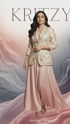 Ivory Gold Embroidered Blazer & Blush Satin Skirt Co-ord Set