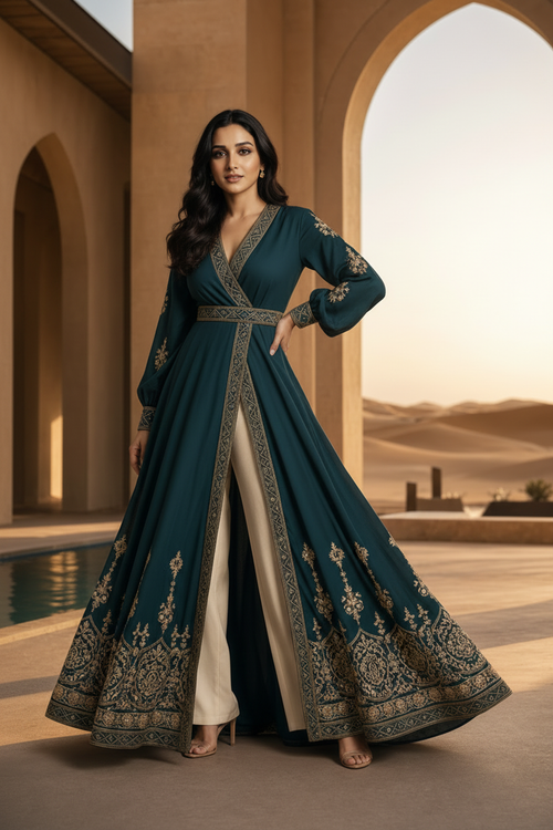 Teal Anarkali Full Body Front